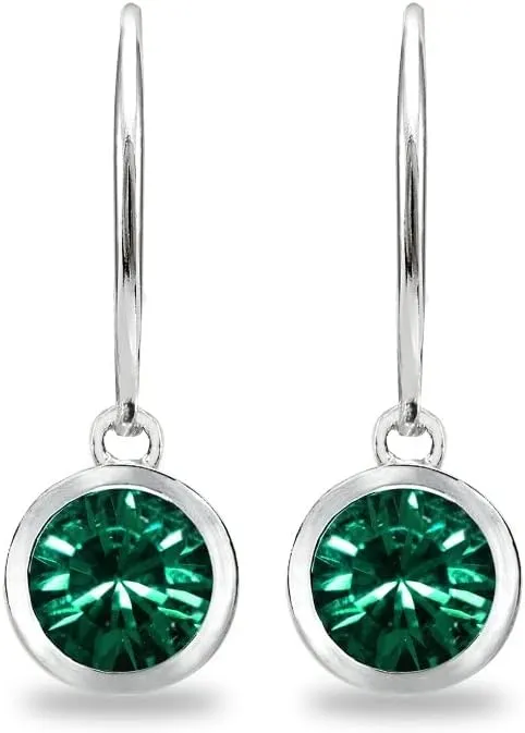 Sterling Silver 6mm Round Bezel European Crystal Dangle Leverback Earrings for Women Bridesmaids