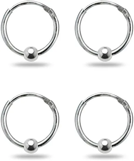 Sterling Silver Ball Bead Small Endless 10mm Thin Round Unisex Hoop Earrings for Men Women Set of 2 Pairs