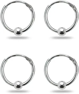 Sterling Silver Ball Bead Small Endless 10mm Thin Round Unisex Hoop Earrings for Men Women Set of 2 Pairs