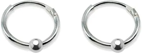 Sterling Silver Ball Bead Small Endless 10mm Thin Round Unisex Hoop Earrings for Men Women Set of 2 Pairs