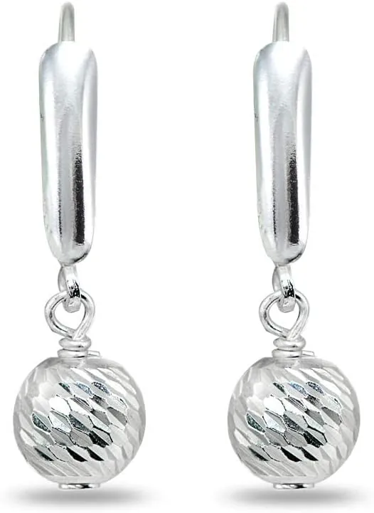 Sterling Silver Earrings for Women 8mm Diamond-cut or Shiny Ball Bead Drop Leverback Dangle Earring Fashion Trendy