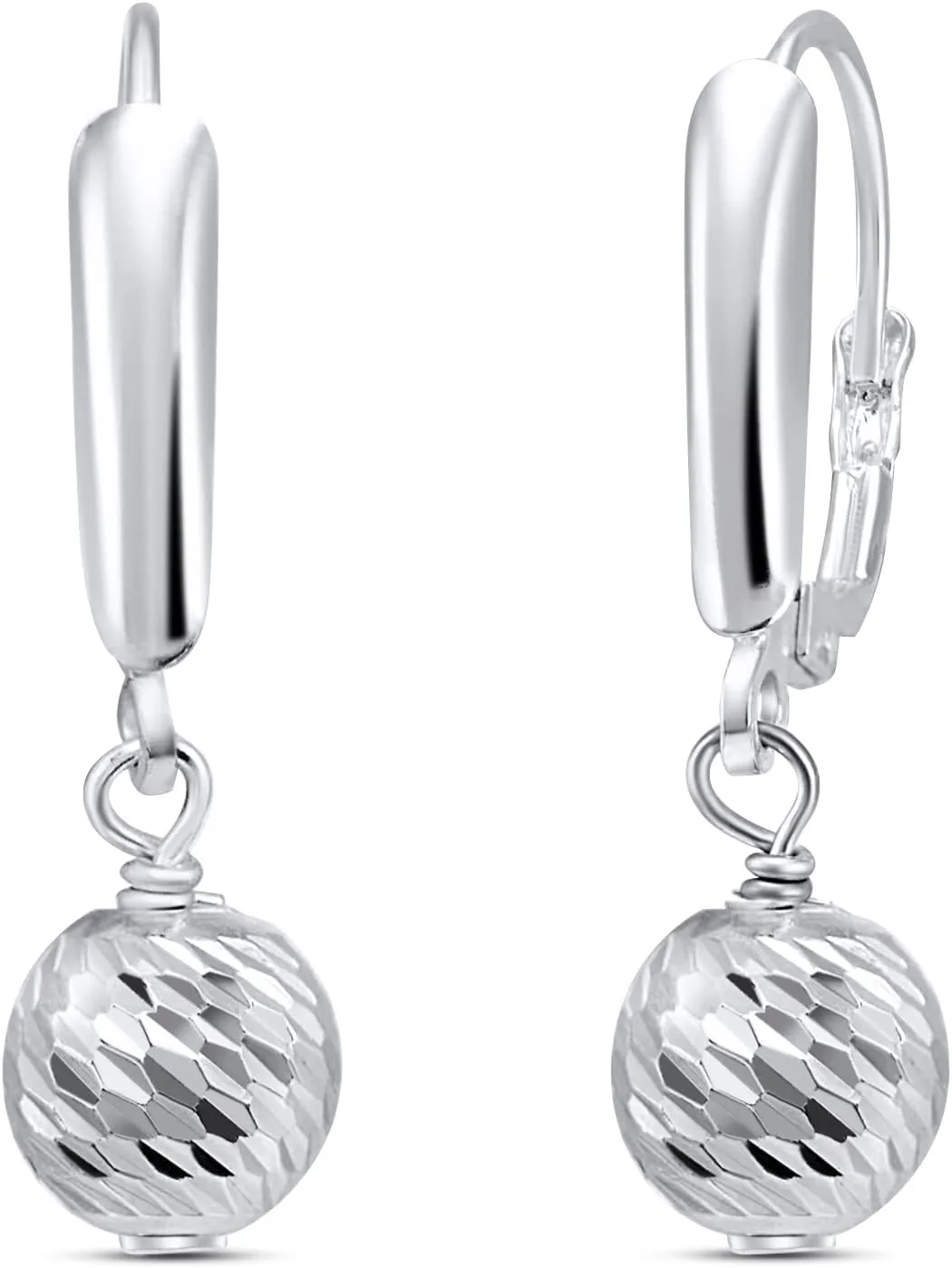Sterling Silver Earrings for Women 8mm Diamond-cut or Shiny Ball Bead Drop Leverback Dangle Earring Fashion Trendy