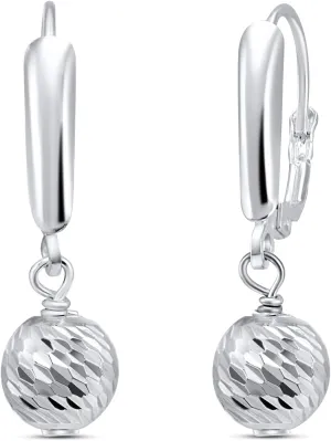 Sterling Silver Earrings for Women 8mm Diamond-cut or Shiny Ball Bead Drop Leverback Dangle Earring Fashion Trendy