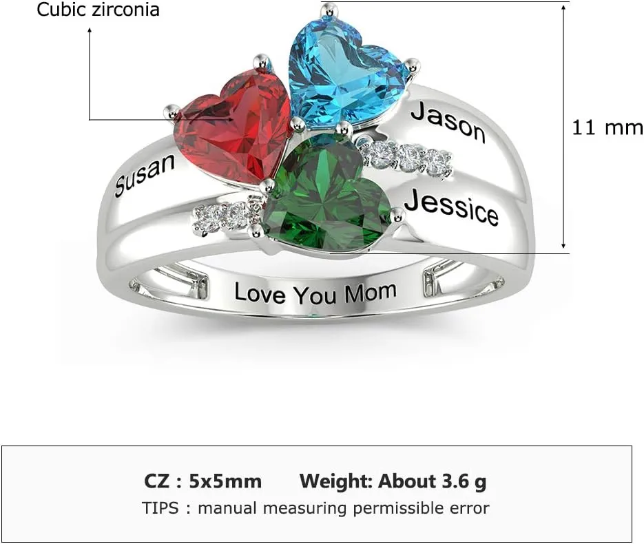 Sterling Silver Mothers Rings with 3 Heart Simulated Birthstones Engraved Names Family Mom Rings Personalized for Women