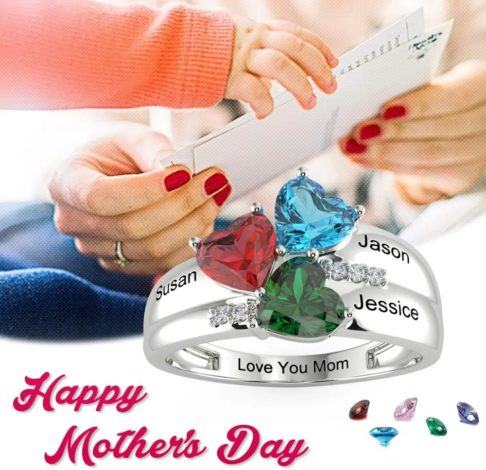 Sterling Silver Mothers Rings with 3 Heart Simulated Birthstones Engraved Names Family Mom Rings Personalized for Women