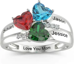 Sterling Silver Mothers Rings with 3 Heart Simulated Birthstones Engraved Names Family Mom Rings Personalized for Women