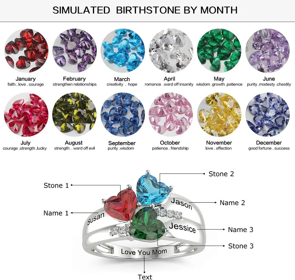 Sterling Silver Mothers Rings with 3 Heart Simulated Birthstones Engraved Names Family Mom Rings Personalized for Women