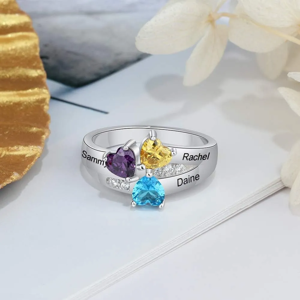 Sterling Silver Mothers Rings with 3 Heart Simulated Birthstones Engraved Names Family Mom Rings Personalized for Women