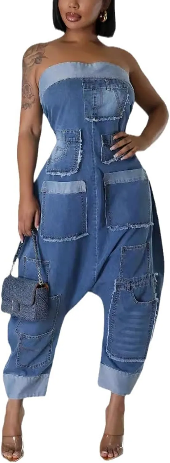 Strapless Denim Jumpsuit for Women, Casual Cargo Multi Pockets Loose Baggy Wide Leg Patchwork Jean Rompers 2025