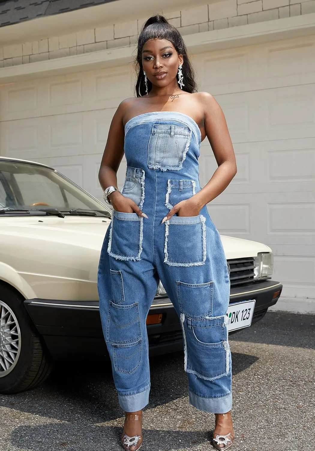 Strapless Denim Jumpsuit for Women, Casual Cargo Multi Pockets Loose Baggy Wide Leg Patchwork Jean Rompers 2025