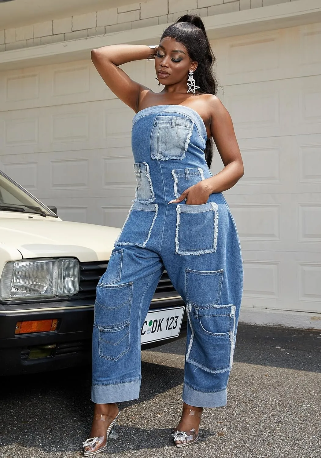 Strapless Denim Jumpsuit for Women, Casual Cargo Multi Pockets Loose Baggy Wide Leg Patchwork Jean Rompers 2025