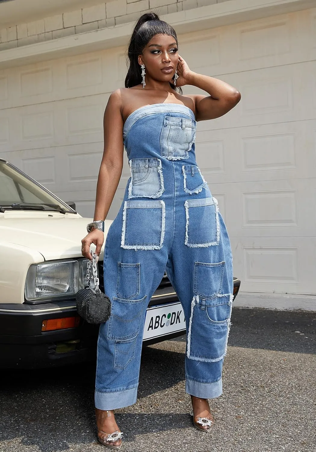 Strapless Denim Jumpsuit for Women, Casual Cargo Multi Pockets Loose Baggy Wide Leg Patchwork Jean Rompers 2025