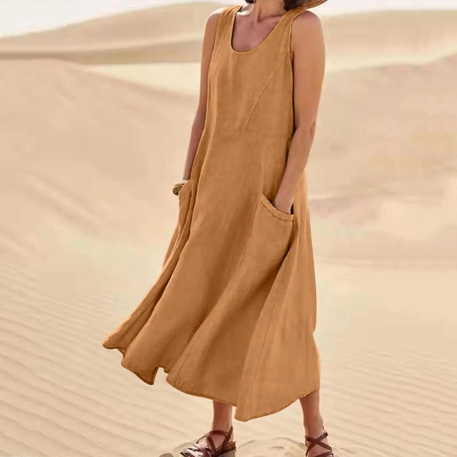 Summer Casual Linen Long Dresses Women Plus Size Loose Sleeveless Tank Dress Flowy Maxi Beach Sundress with Pockets