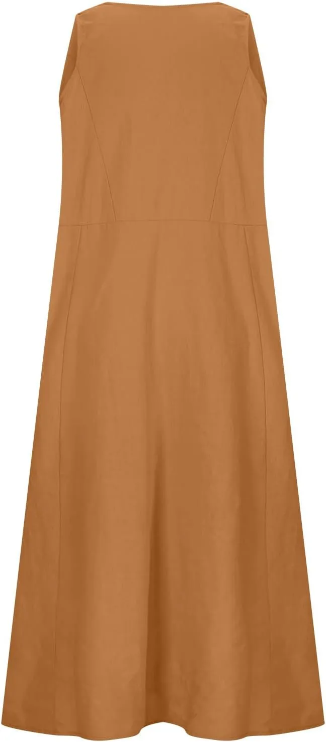 Summer Casual Linen Long Dresses Women Plus Size Loose Sleeveless Tank Dress Flowy Maxi Beach Sundress with Pockets