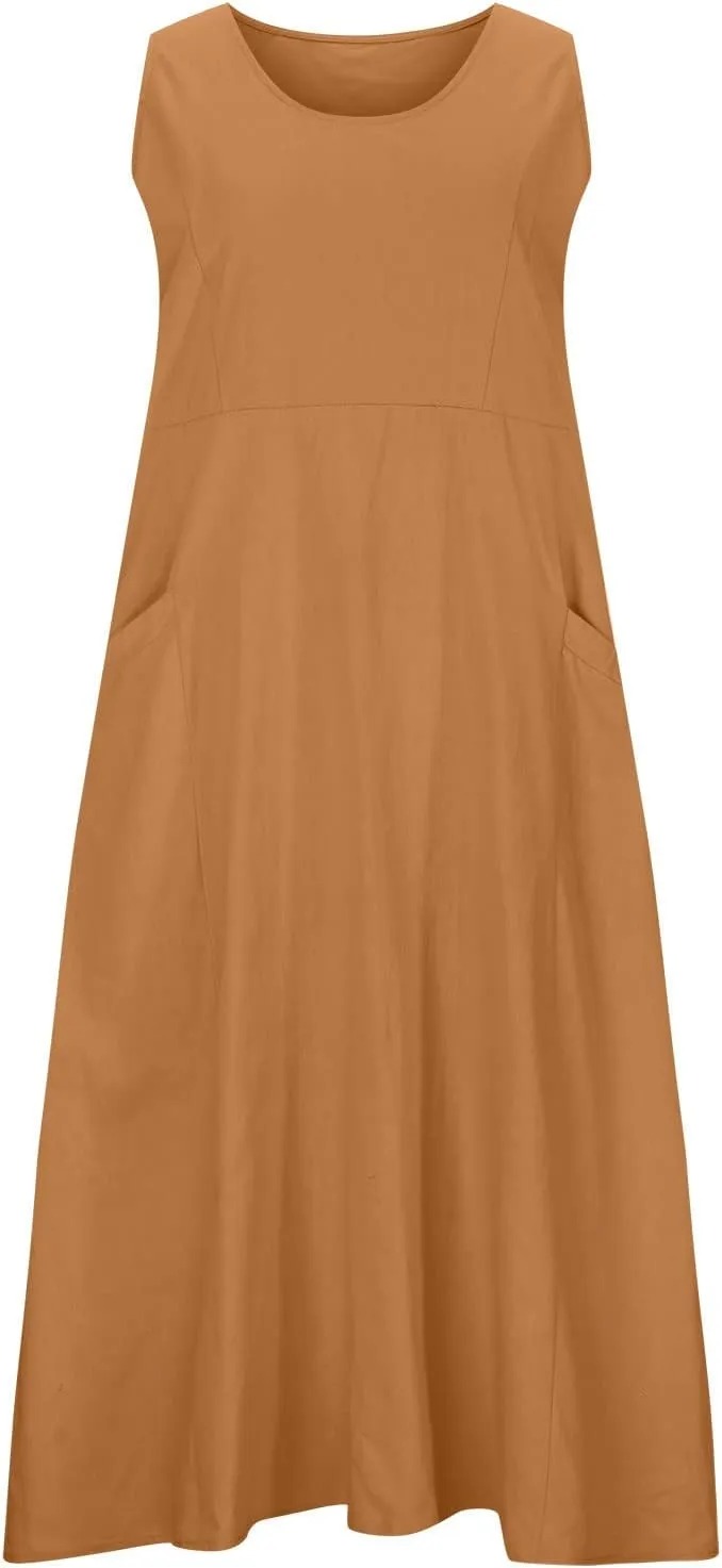 Summer Casual Linen Long Dresses Women Plus Size Loose Sleeveless Tank Dress Flowy Maxi Beach Sundress with Pockets
