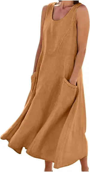Summer Casual Linen Long Dresses Women Plus Size Loose Sleeveless Tank Dress Flowy Maxi Beach Sundress with Pockets