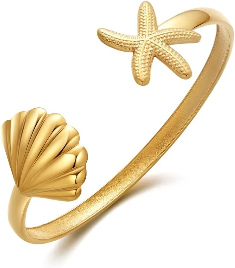 Summer Gold Cuff Bracelets For Women Gold Plated Cuff With Shell And Starfish Charm On Both Ends