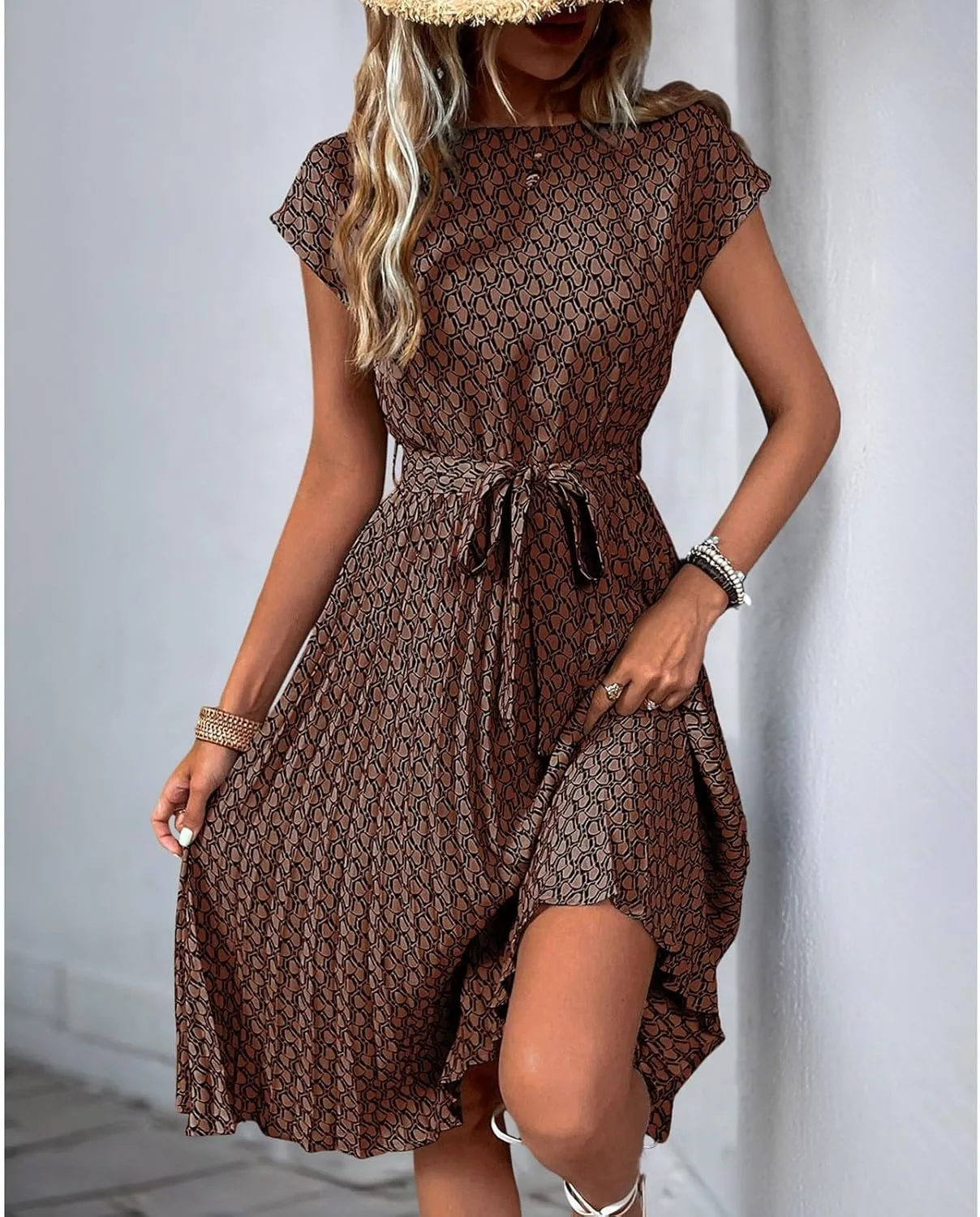 Summer Mini Dresses for Women 2025 Floral Cap Sleeve Tie Waist Midi Dresses Boho Pleated Ruffle Knee Length Dress