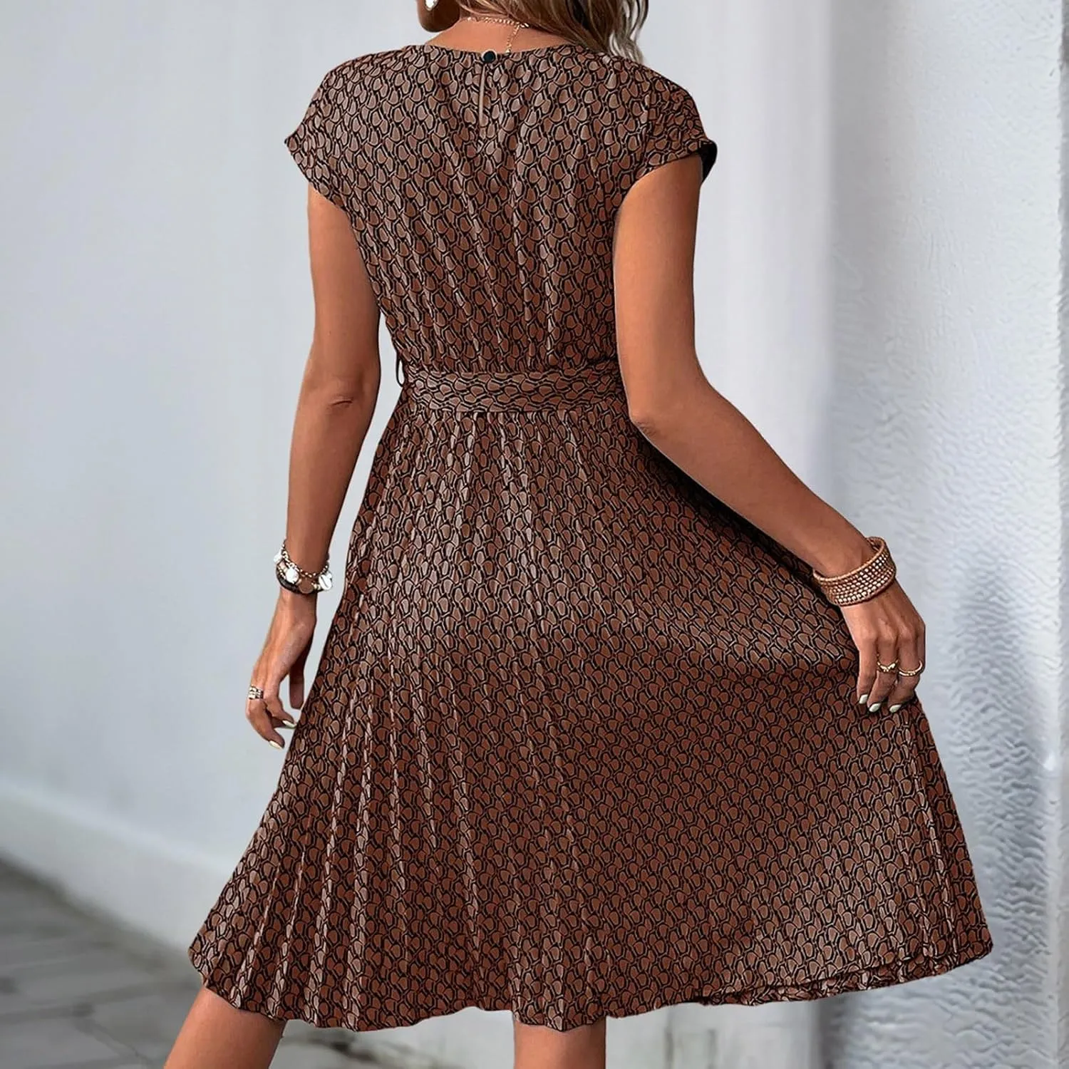 Summer Mini Dresses for Women 2025 Floral Cap Sleeve Tie Waist Midi Dresses Boho Pleated Ruffle Knee Length Dress
