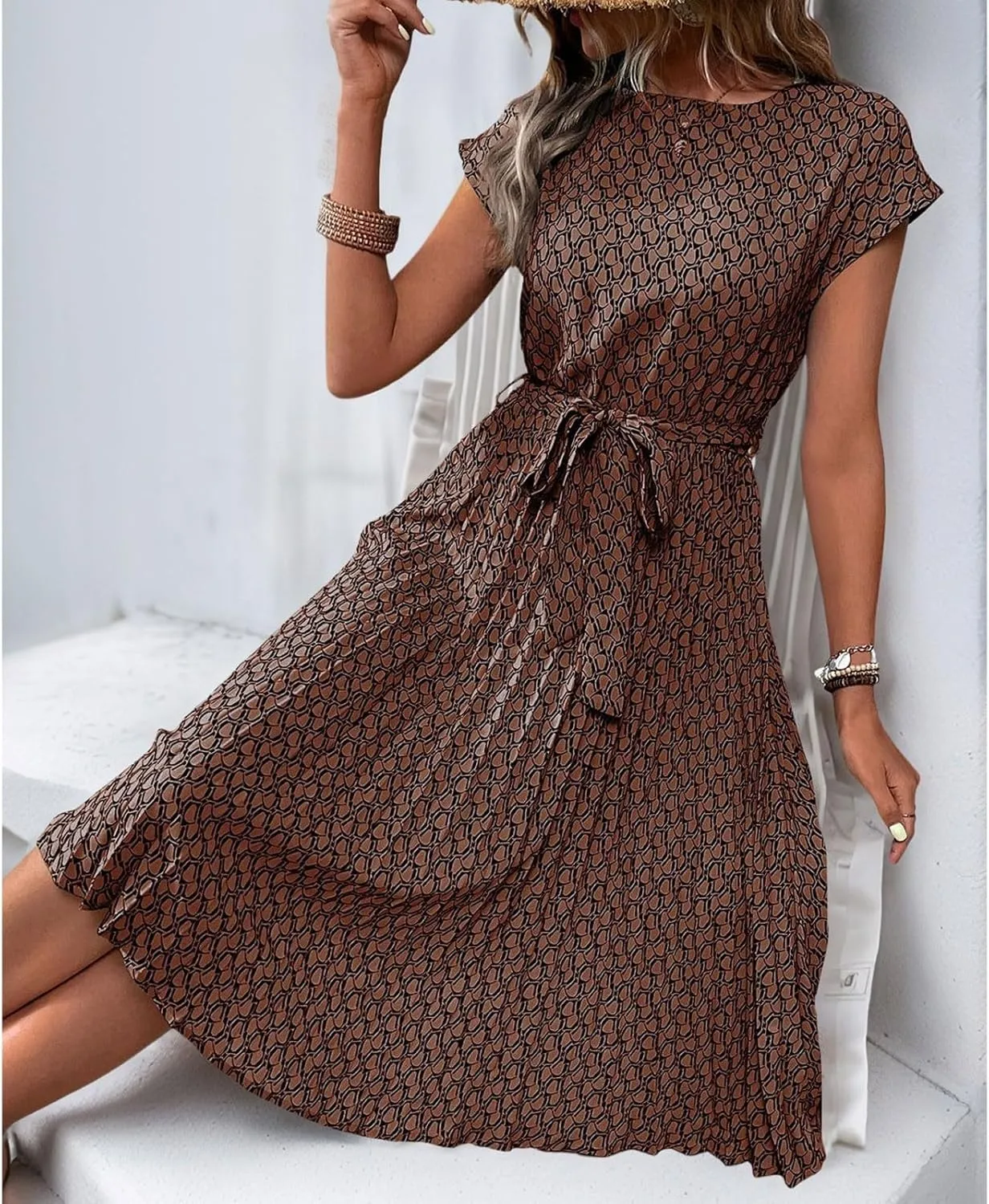 Summer Mini Dresses for Women 2025 Floral Cap Sleeve Tie Waist Midi Dresses Boho Pleated Ruffle Knee Length Dress