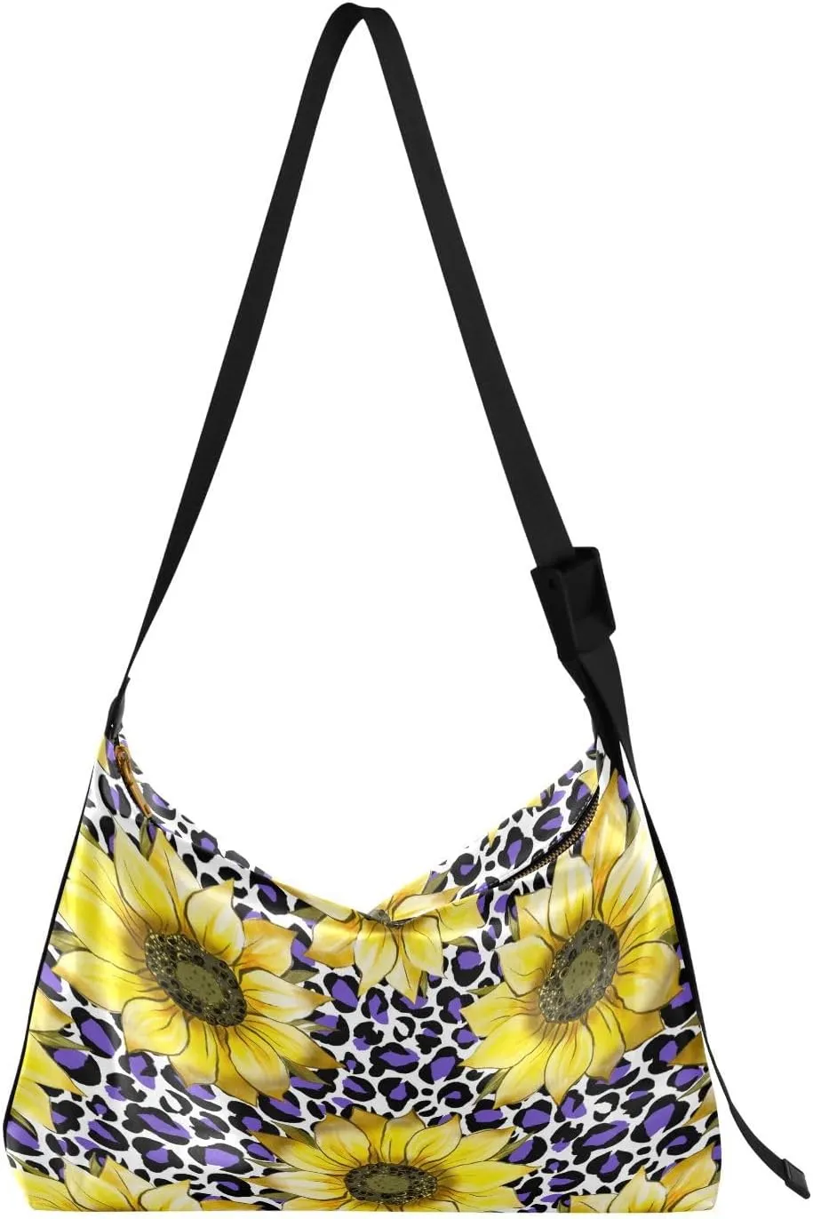 Sunflowers Floral Hobo Crossbody Bags for Women Leather Large Shoulder Bag Cross Body Purple Leopard Trendy Womens Tote Bags Handbag for Travel Shopping