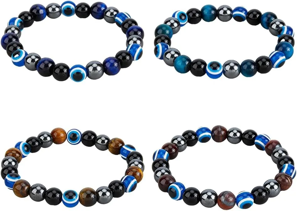 SUPERFINDINGS 4Pcs Blue Evil Eye Bracelets Natural Tiger Eye Bracelets Black Agate Round Beaded Stretch Bracelets Fashion Black Obsidian Bracelet for Women
