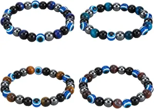 SUPERFINDINGS 4Pcs Blue Evil Eye Bracelets Natural Tiger Eye Bracelets Black Agate Round Beaded Stretch Bracelets Fashion Black Obsidian Bracelet for Women