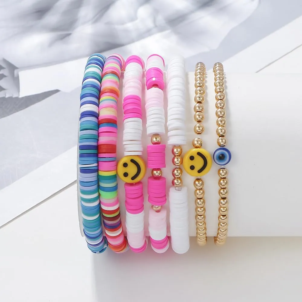 Surfer Heishi Clay Bead Bracelets for Women Bohemian Stackable color Beaded Stretch Bracelets Elastic Layering Friendship Bracelets Set Boho Jewelry