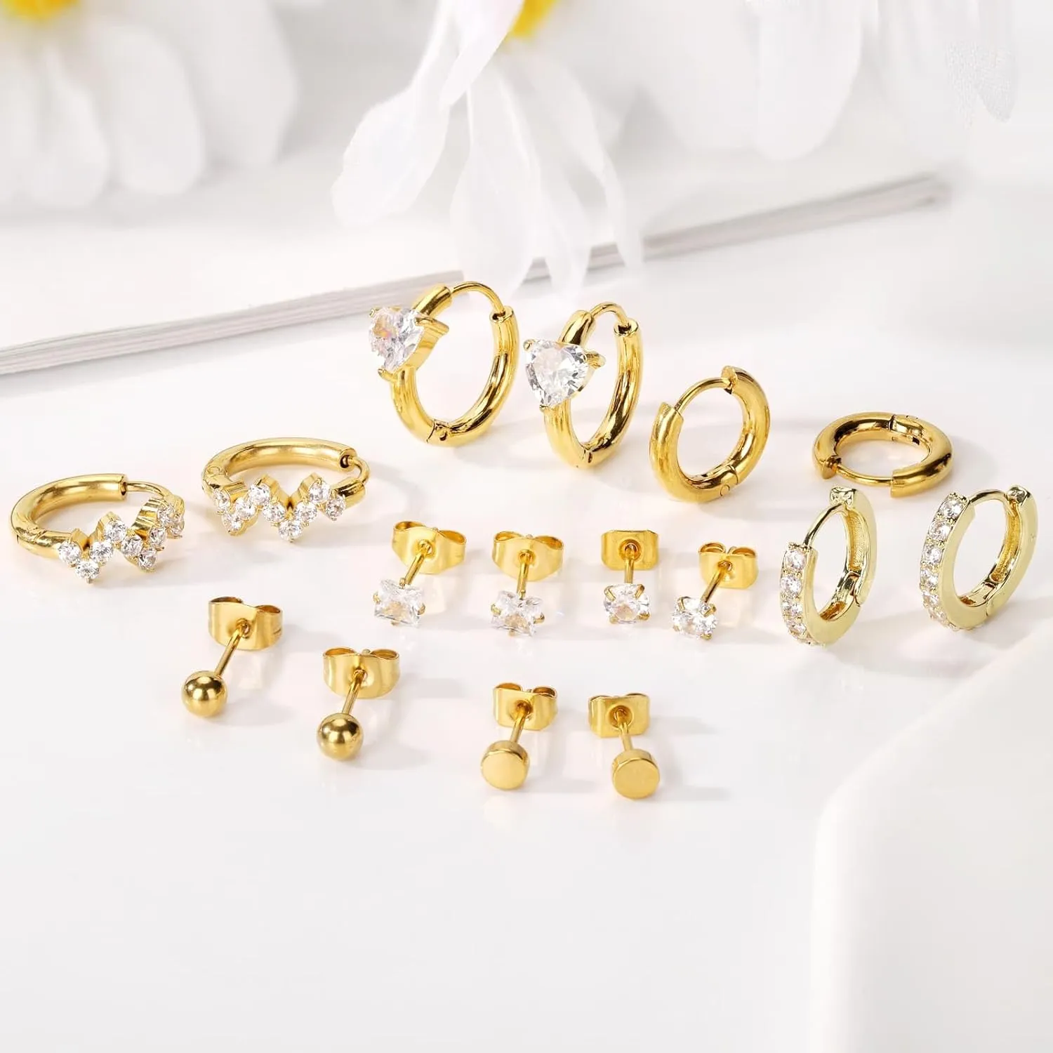 Surgical Steel Earrings Sets for Multiple Piercing Lightweight Small Huggie Hoop Earrings CZ Stud Earrings for Women Trendy Cartilage Hypoallergenic
