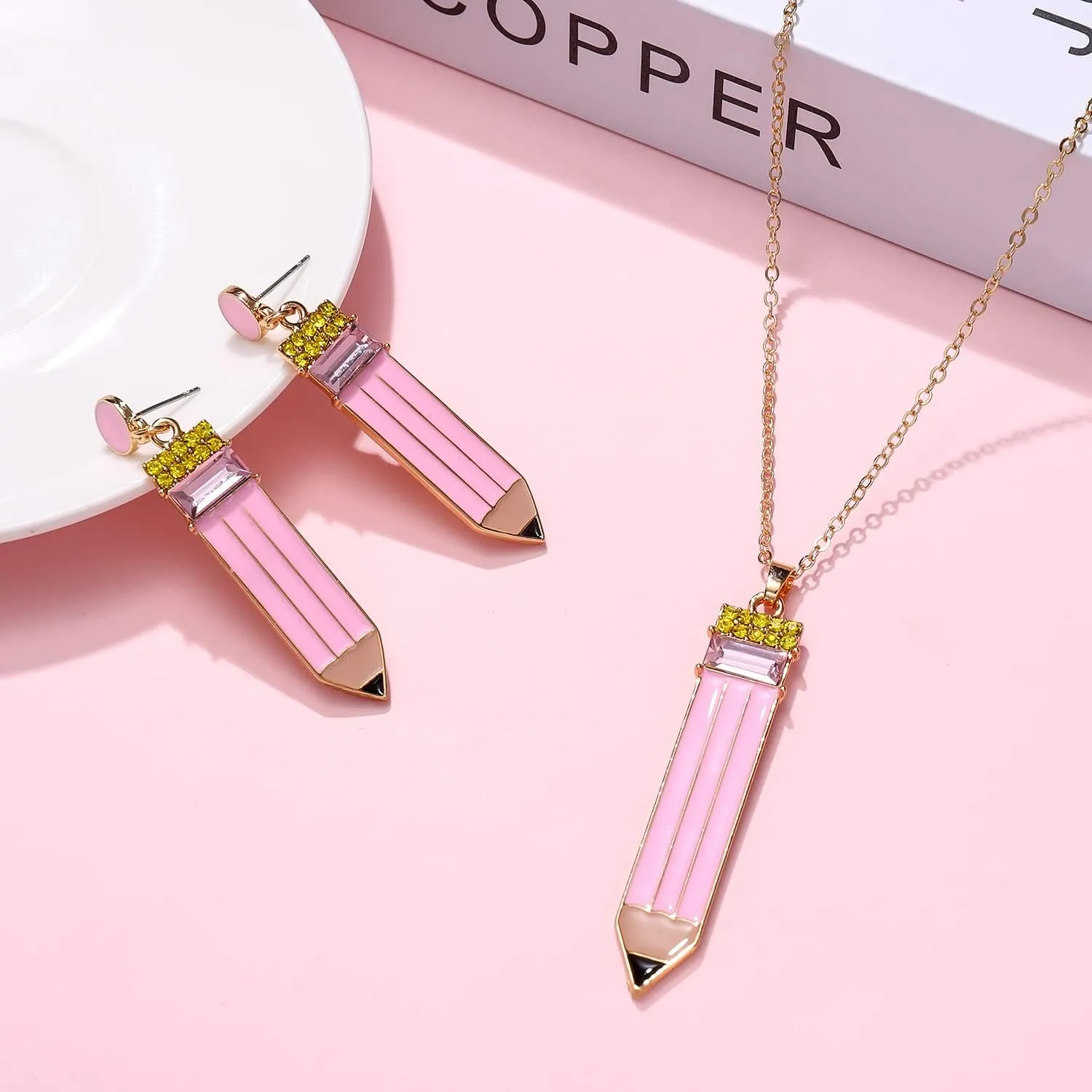 Teacher Earrings Necklaces Funny Pencil Earrings Necklaces for Teachers Appreciation Gifts Educators Students Back To School Graduation Jewelry Set