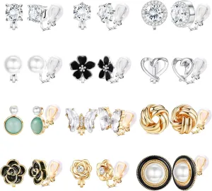 THUNARAZ 12 Pairs Comfortable Clip on Earrings for Women Sparklrd Crystal Clip Earrings CZ Cute Butterfly Flower Pearl Clip on Stud Earrings Girls Non Piercing Jewelry