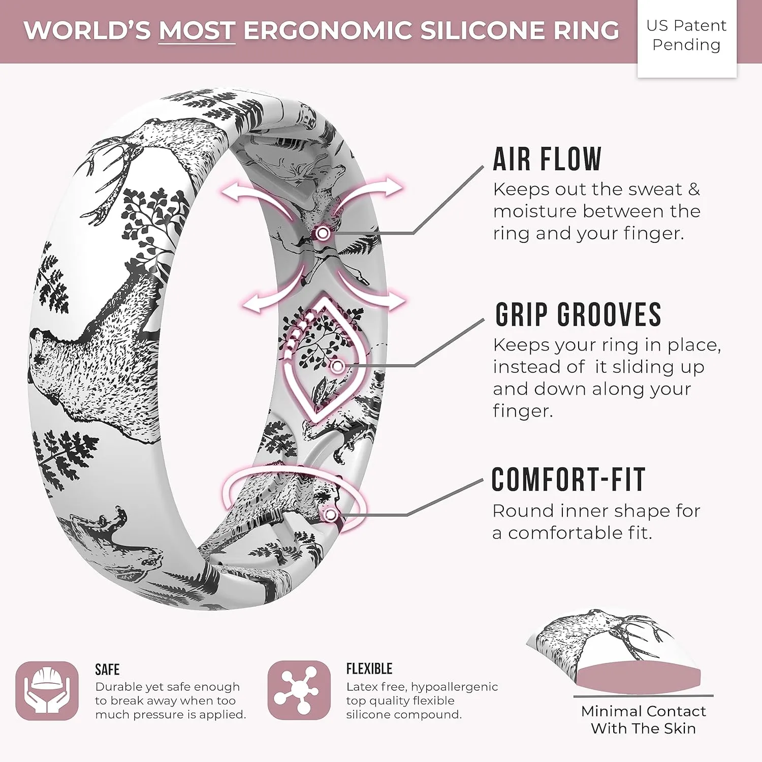 ThunderFit Silicone Wedding Bands for Women, Breathable Printed Design 5.5mm Wide 1.8mm Thick, 1-Pack