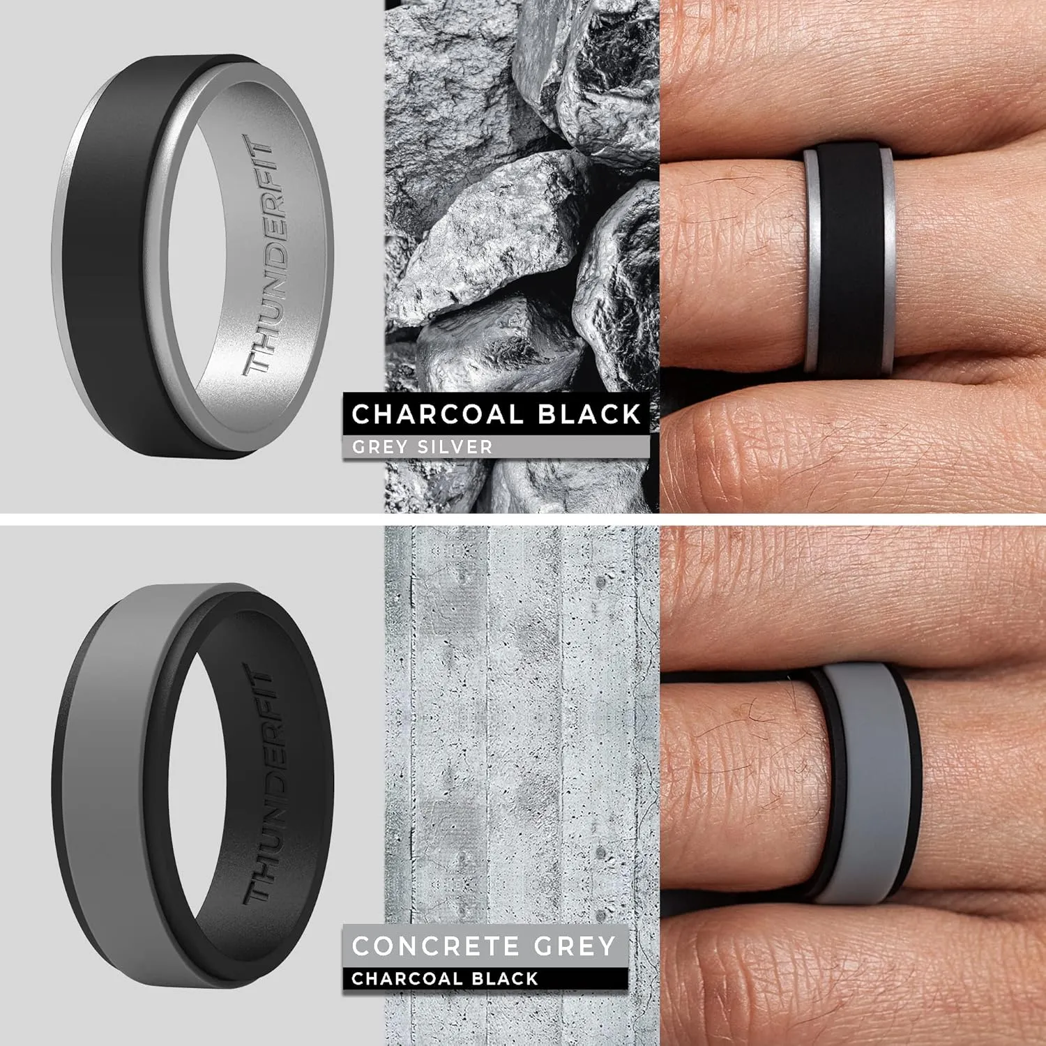 ThunderFit Silicone Wedding Rings for Men, 2 Layers Step Edge 10mm Wide 2.3mm Thick - 1/4/7 Variety Multipack