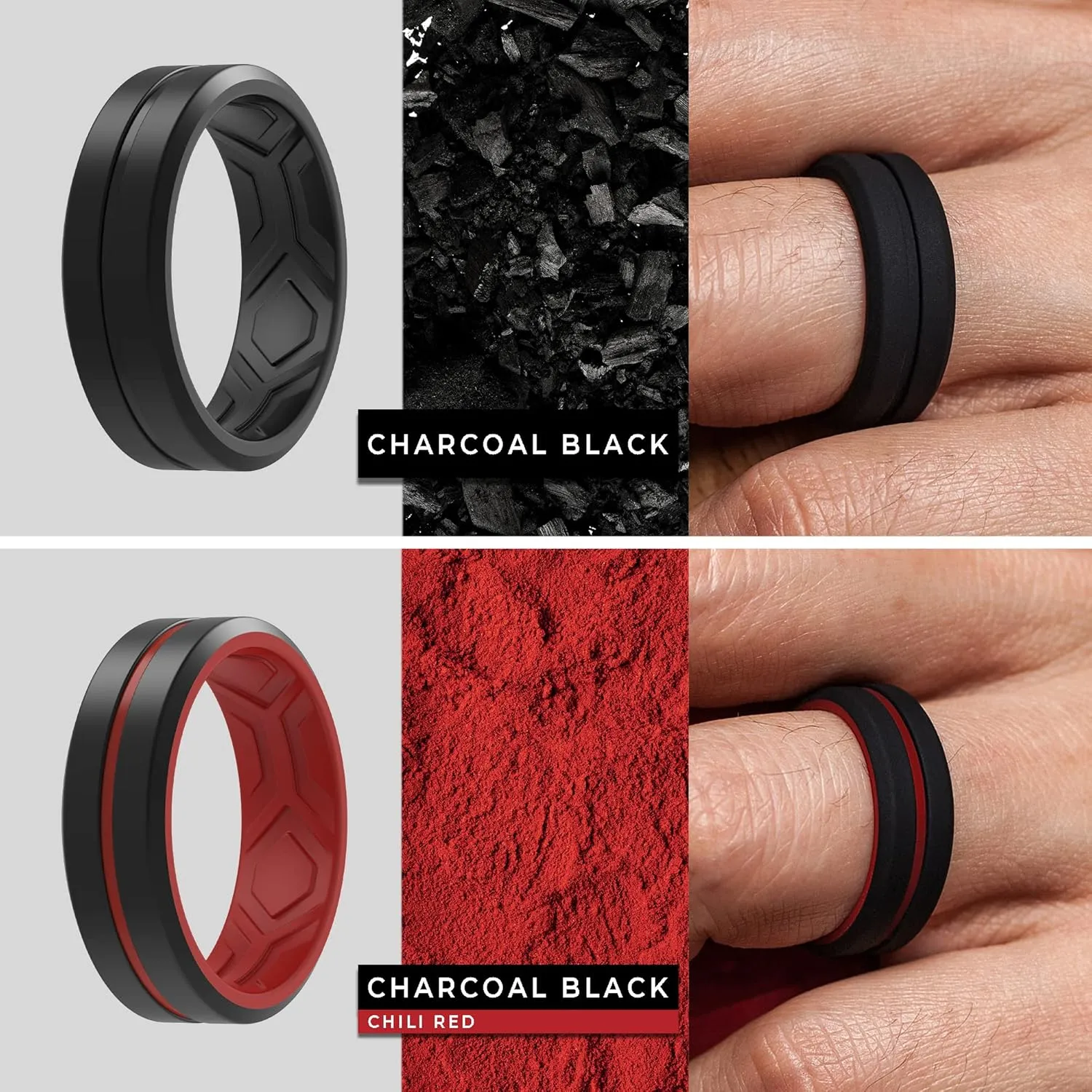 ThunderFit Silicone Wedding Rings for Men, Bevelled Breathable 2 Layers Midline 8.2mm Wide 2.5mm Thick - 1/2/3/4/5/6/7 Variety Multipack