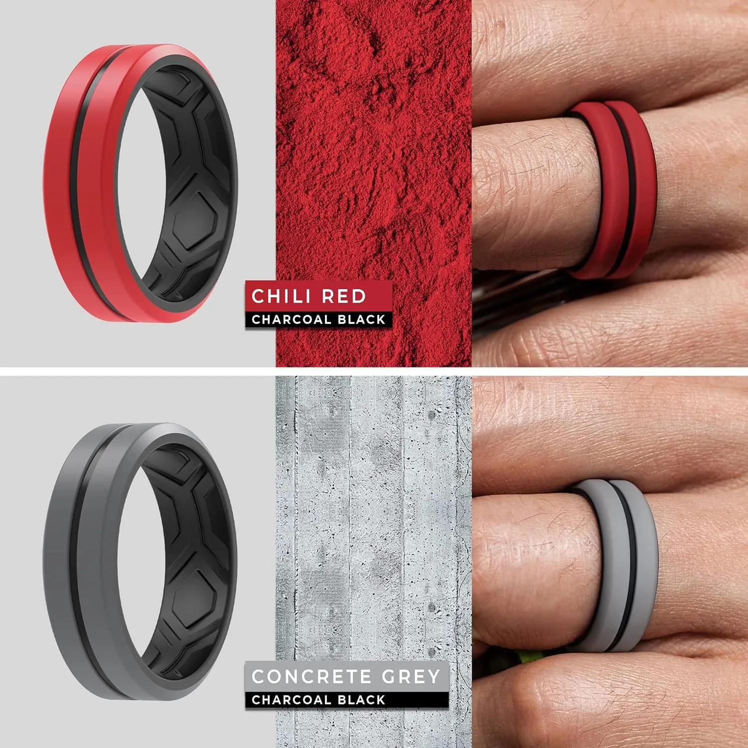 ThunderFit Silicone Wedding Rings for Men, Bevelled Breathable 2 Layers Midline 8.2mm Wide 2.5mm Thick - 1/2/3/4/5/6/7 Variety Multipack