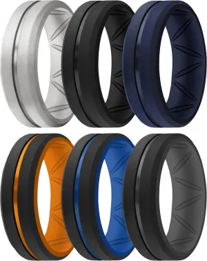 ThunderFit Silicone Wedding Rings for Men, Breathable Brushed Top Middle Engraved Line Rubber Engagement Bands 8.2mm Wide 2.5mm Thick - 1/4/6/7 Variety Multipack