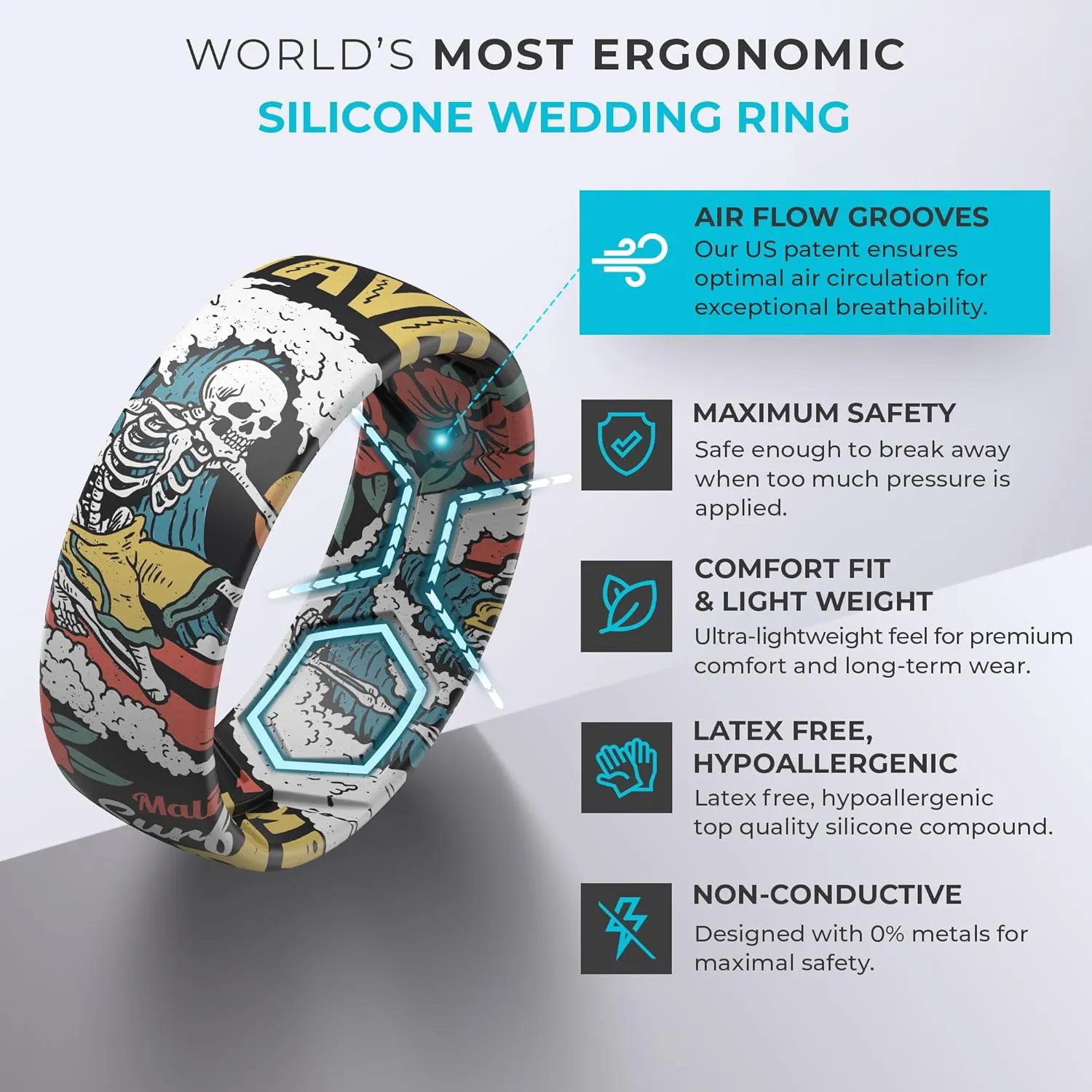 ThunderFit Silicone Wedding Rings for Men, Breathable Printed Design Rubber Engagement Bands 8mm Wide 2mm Thick