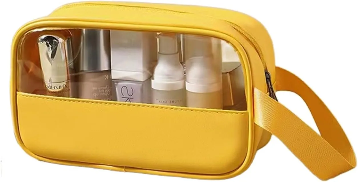 Toiletry Bag for Women Clear PVC & PU Splicing Waterproof Makeup Cosmetic Bag, Portable Travel Organizer for Vacation, Bathroom, Airplane - Yellow