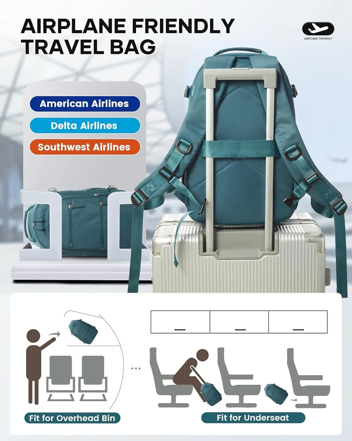 Travel Airback Backpack with Vacuum Compression, Waterproof Travel Backpack with Air Pump, Personal Item Bag United Airlines Approved, Vacuum Seal Carry On Luggage, Black