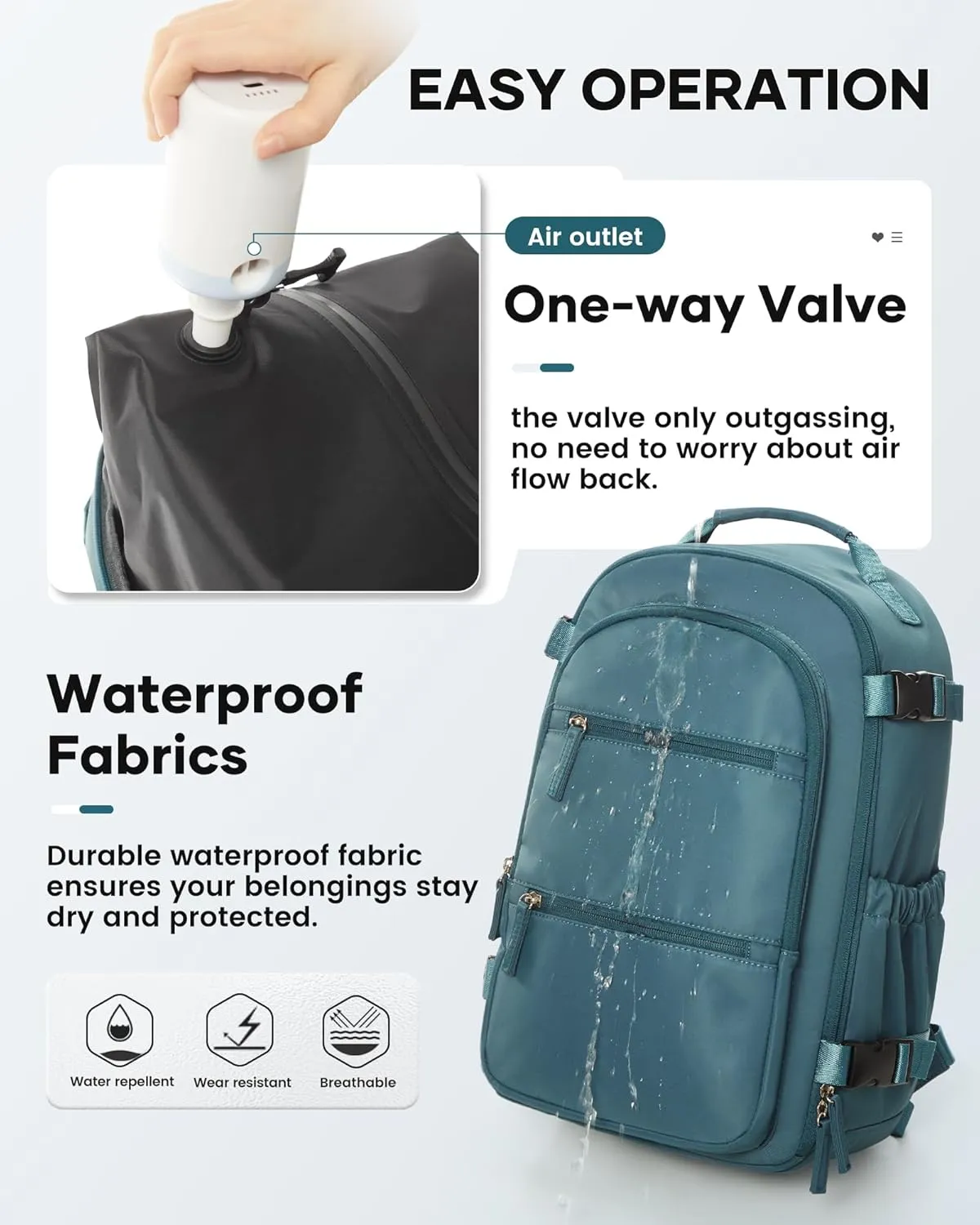 Travel Airback Backpack with Vacuum Compression, Waterproof Travel Backpack with Air Pump, Personal Item Bag United Airlines Approved, Vacuum Seal Carry On Luggage, Black