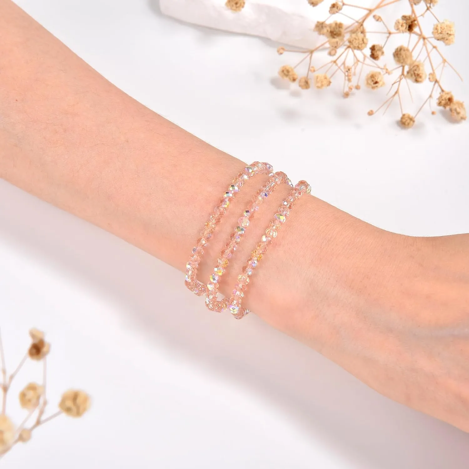 Trendy Beaded Bracelets for Women and Girls - Boho Stacked Bead Jewelry Sets - Stretch Chakra Bracelet Pack (Light Pink 4Pcs)