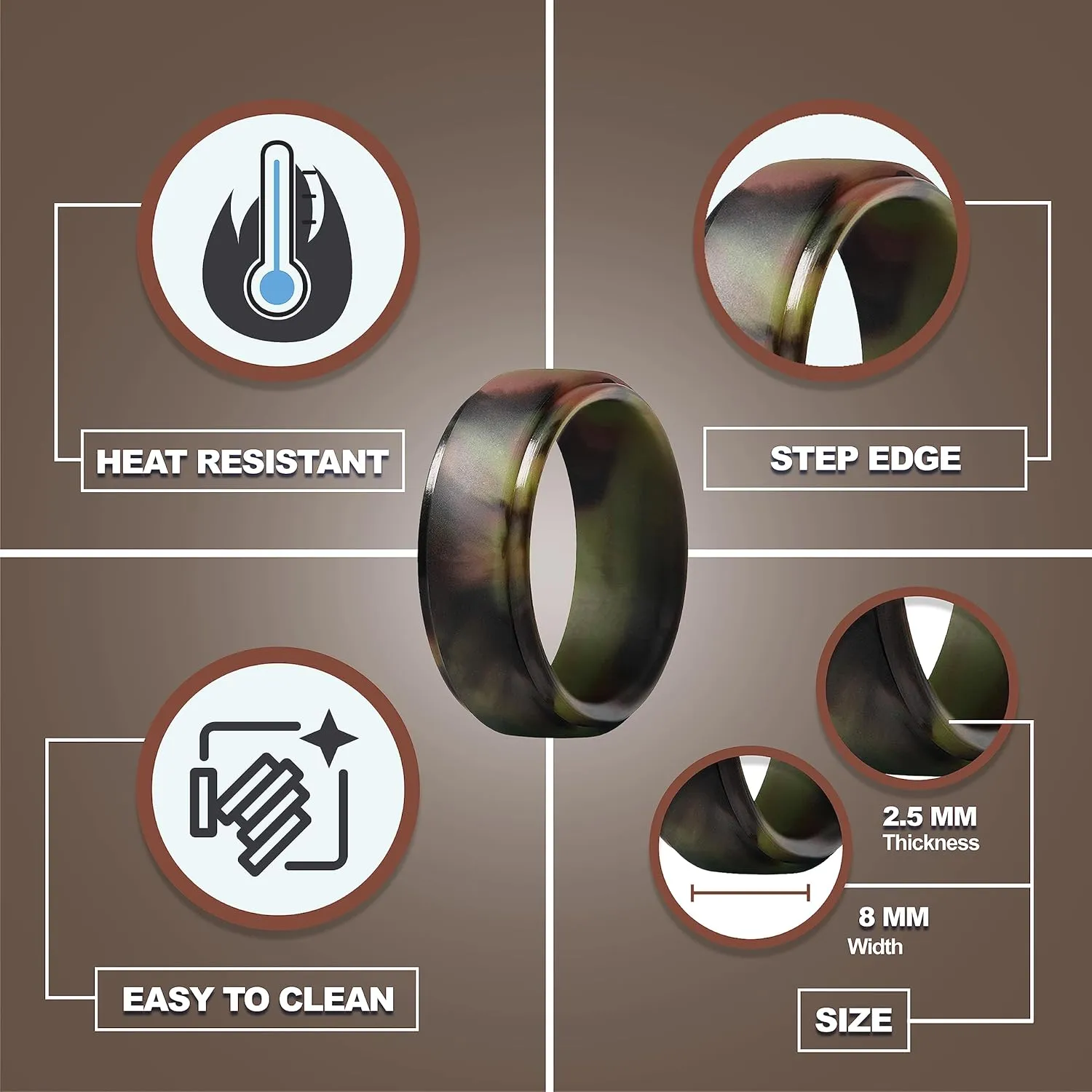 TrulyAlpha Camo Silicone Ring Men - Pack of 2 | Flexible Camo Rings for Men | 6mm Men Rubber Wedding Ring | Unisex Black and Camo Wedding Band | Step Edge Mens Silicone Ring