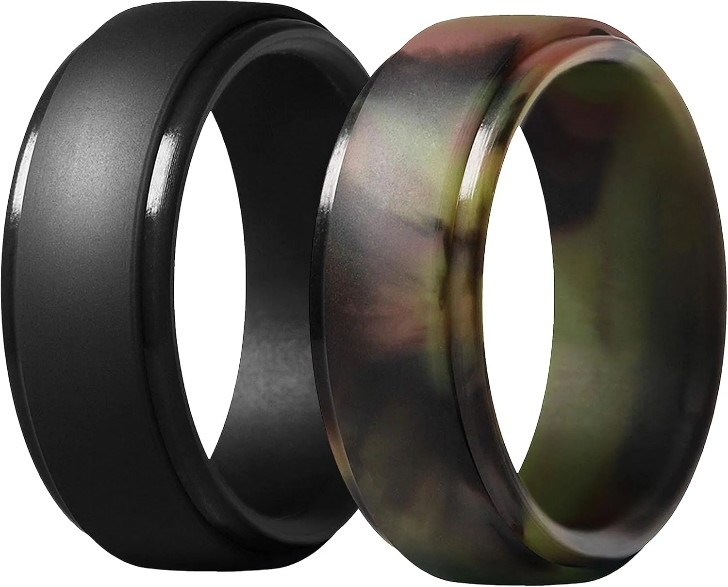TrulyAlpha Camo Silicone Ring Men - Pack of 2 | Flexible Camo Rings for Men | 6mm Men Rubber Wedding Ring | Unisex Black and Camo Wedding Band | Step Edge Mens Silicone Ring