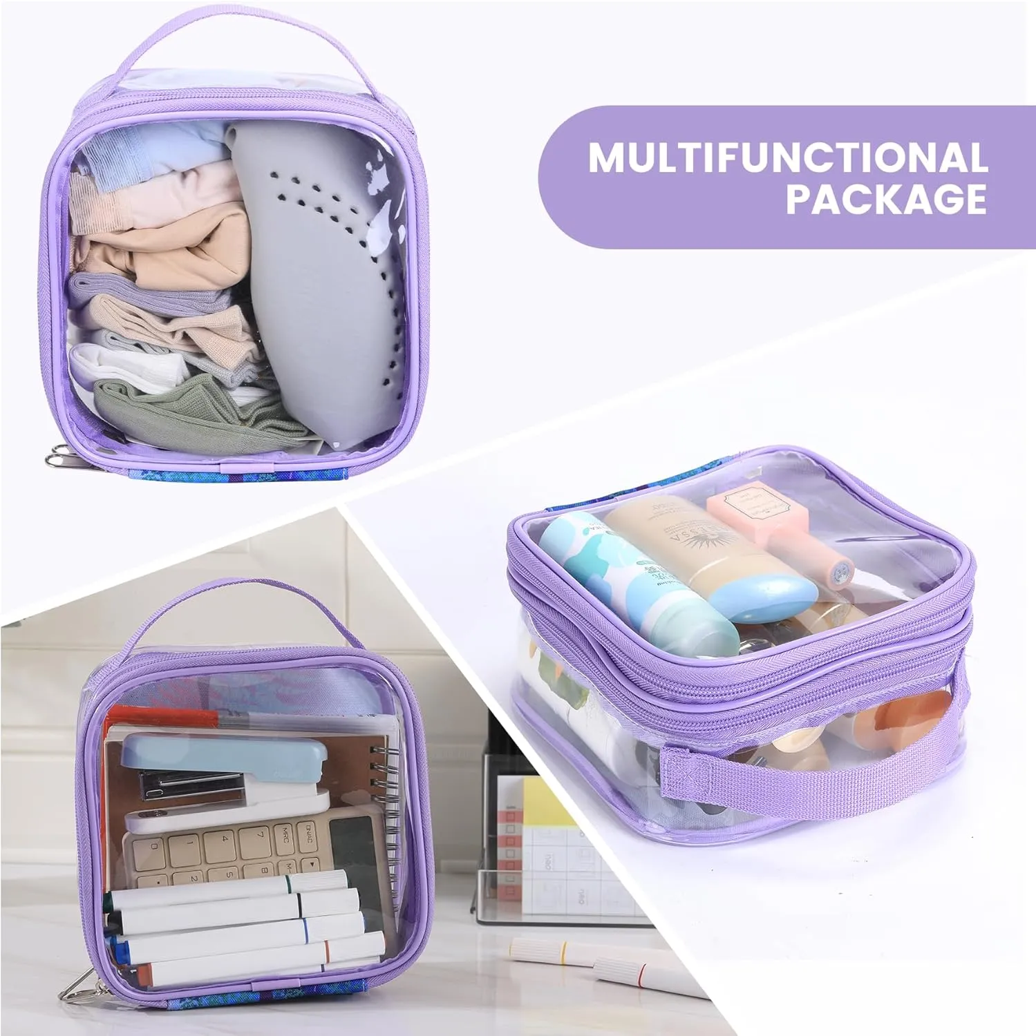 TSA clear toiletry bag airport approved see through pvc plastic pouch transparent makeup carry on with handle(purple)