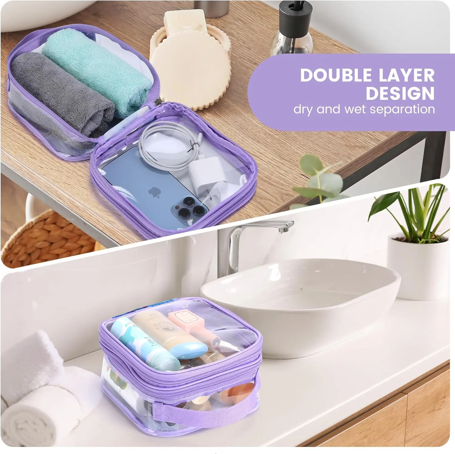TSA clear toiletry bag airport approved see through pvc plastic pouch transparent makeup carry on with handle(purple)