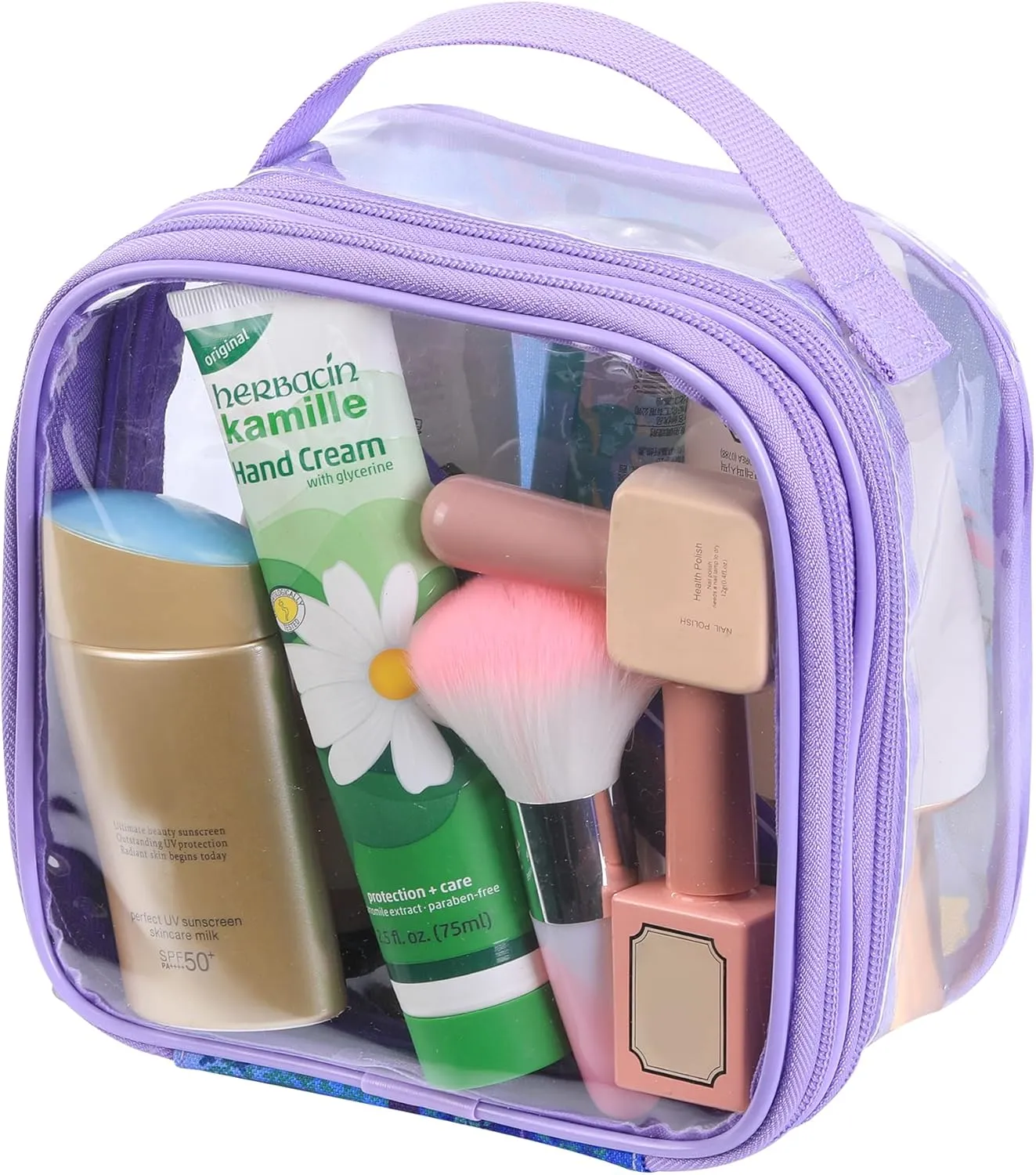 TSA clear toiletry bag airport approved see through pvc plastic pouch transparent makeup carry on with handle(purple)