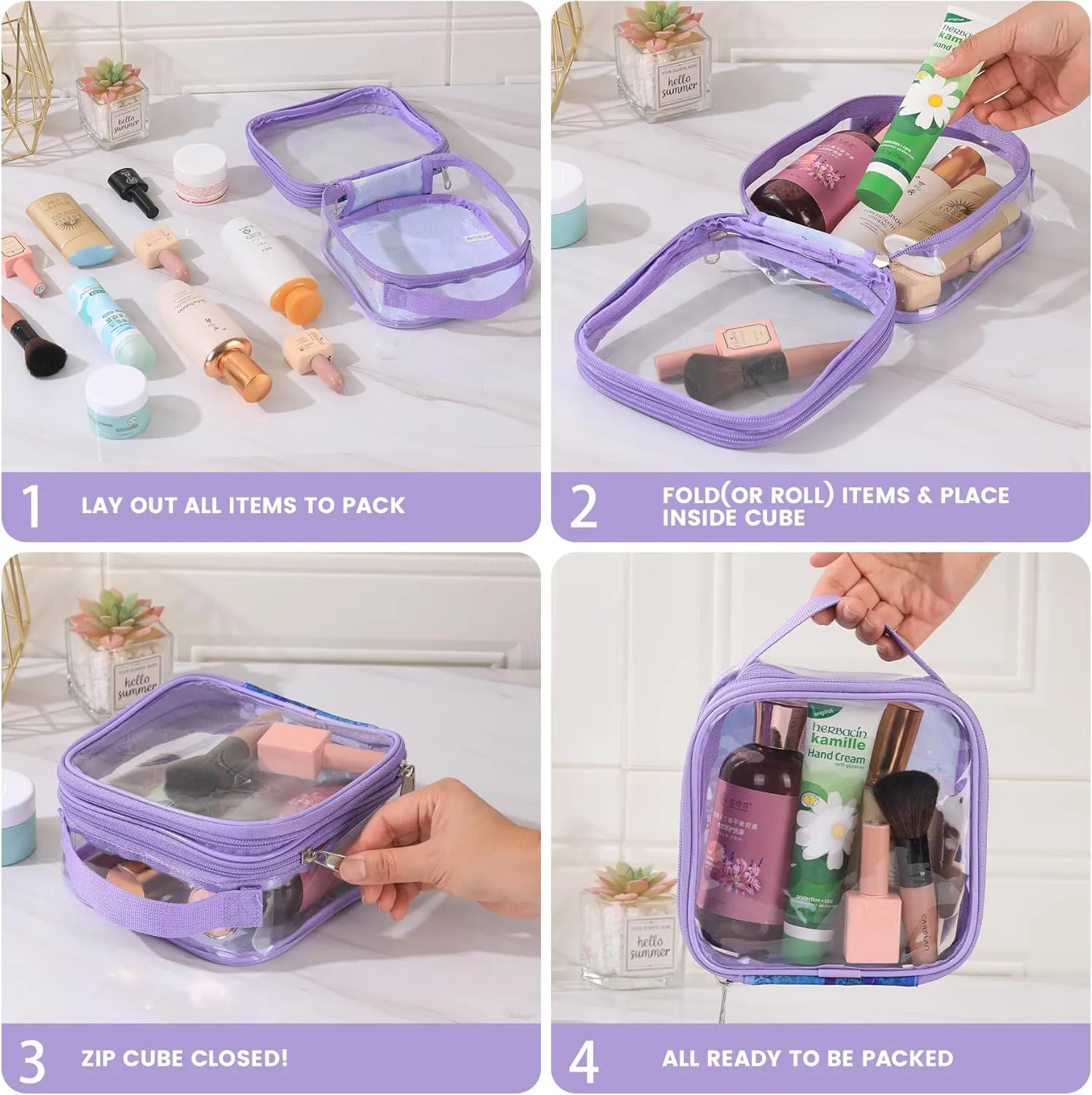 TSA clear toiletry bag airport approved see through pvc plastic pouch transparent makeup carry on with handle(purple)