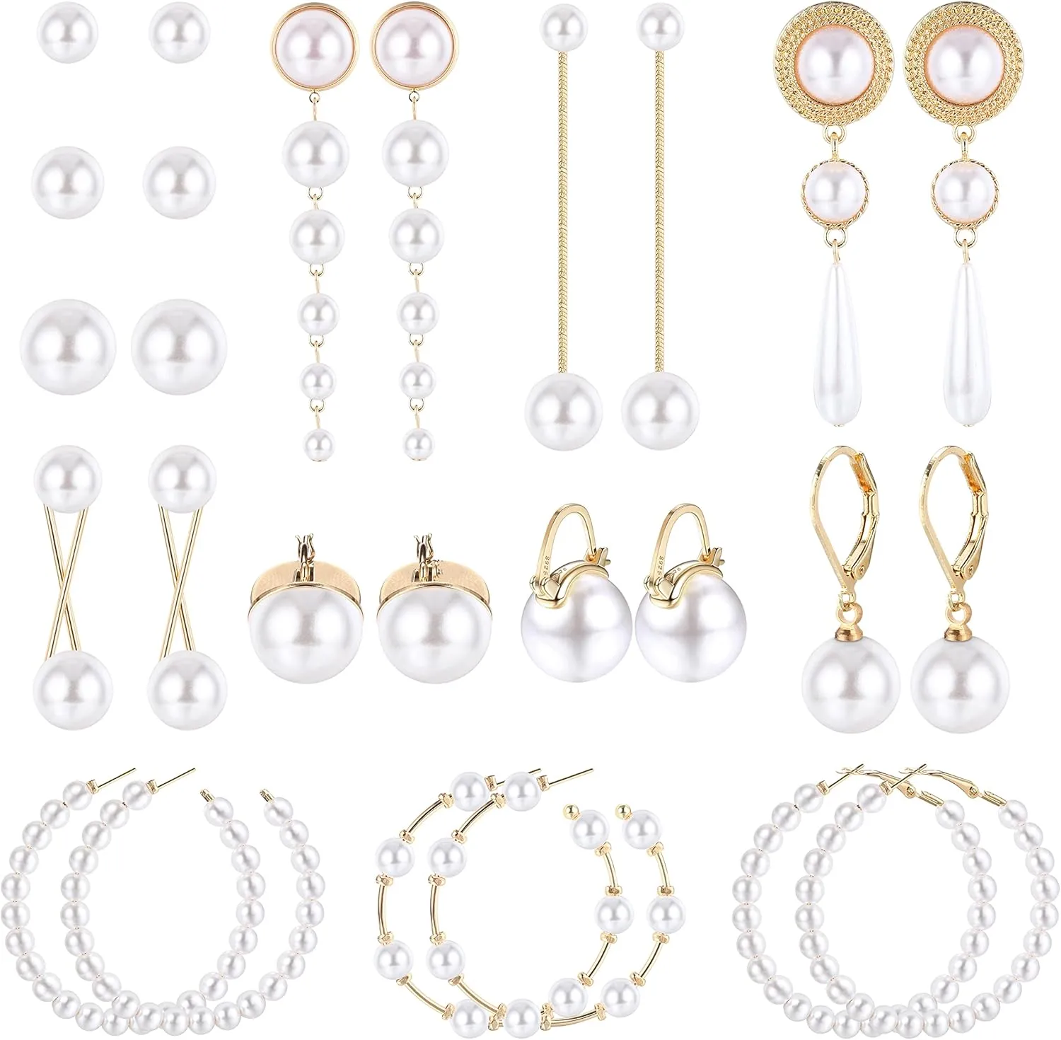 UBGICIG 13 Pairs Pearl Earrings - Lightweight Hoops, Studs, Circle Drop & Dangle Simulated Long Gold Pearl Earring Set