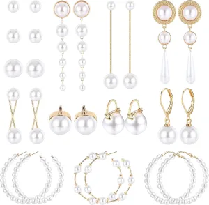 UBGICIG 13 Pairs Pearl Earrings - Lightweight Hoops, Studs, Circle Drop & Dangle Simulated Long Gold Pearl Earring Set