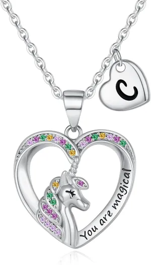Unicorn Necklaces for Girls - 14K Gold/White Gold/Rose Gold Plated CZ Heart Pendant Jewelry, Toddler and Teen Initial Necklaces, Colorful Unicorn Gifts